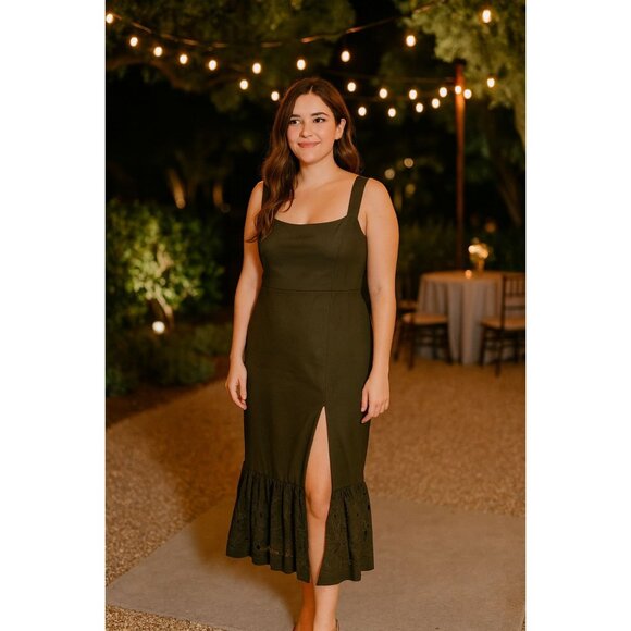 Sachin & Babi Dresses & Skirts - Sachin & Babi Olive Green Laura Dress Size 14 With Ruffled Eyelet Hem Made In In